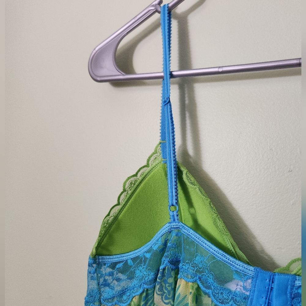 Y2K 2006 Victoria's Secret S Green & Blue Lace Sheer Babydoll Cami Chemise Top - Picture 7 of 15